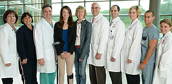 From left, Jane McCormack, RN, Trauma Program Manager; Therese Luckingham, EMS; James Vosswinkel, MD; Doris Quigley; Theresa Quigley; Brian Morelli, MD; James Barsi, MD; and Surgical Intensive Care Nurses Kelly Brady, RN, Peter Frisone, RN, and Jennifer Mullenburg, RN